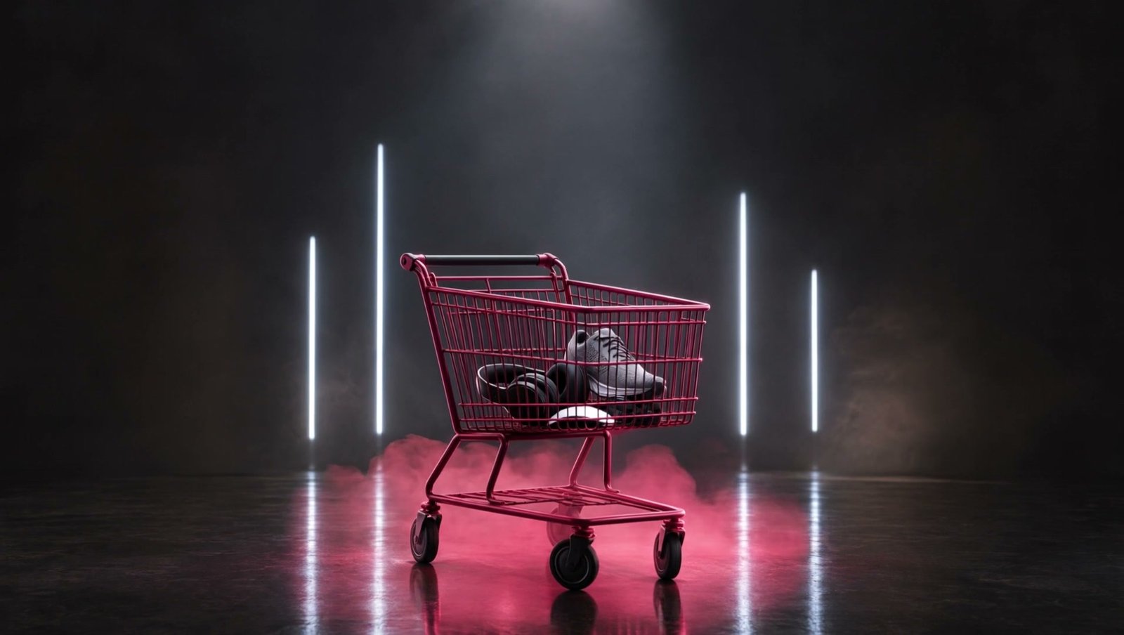 A rose-red shopping cart holding headphones, a running shoe and a mouse, lit by glowing light bars in a dark studio
